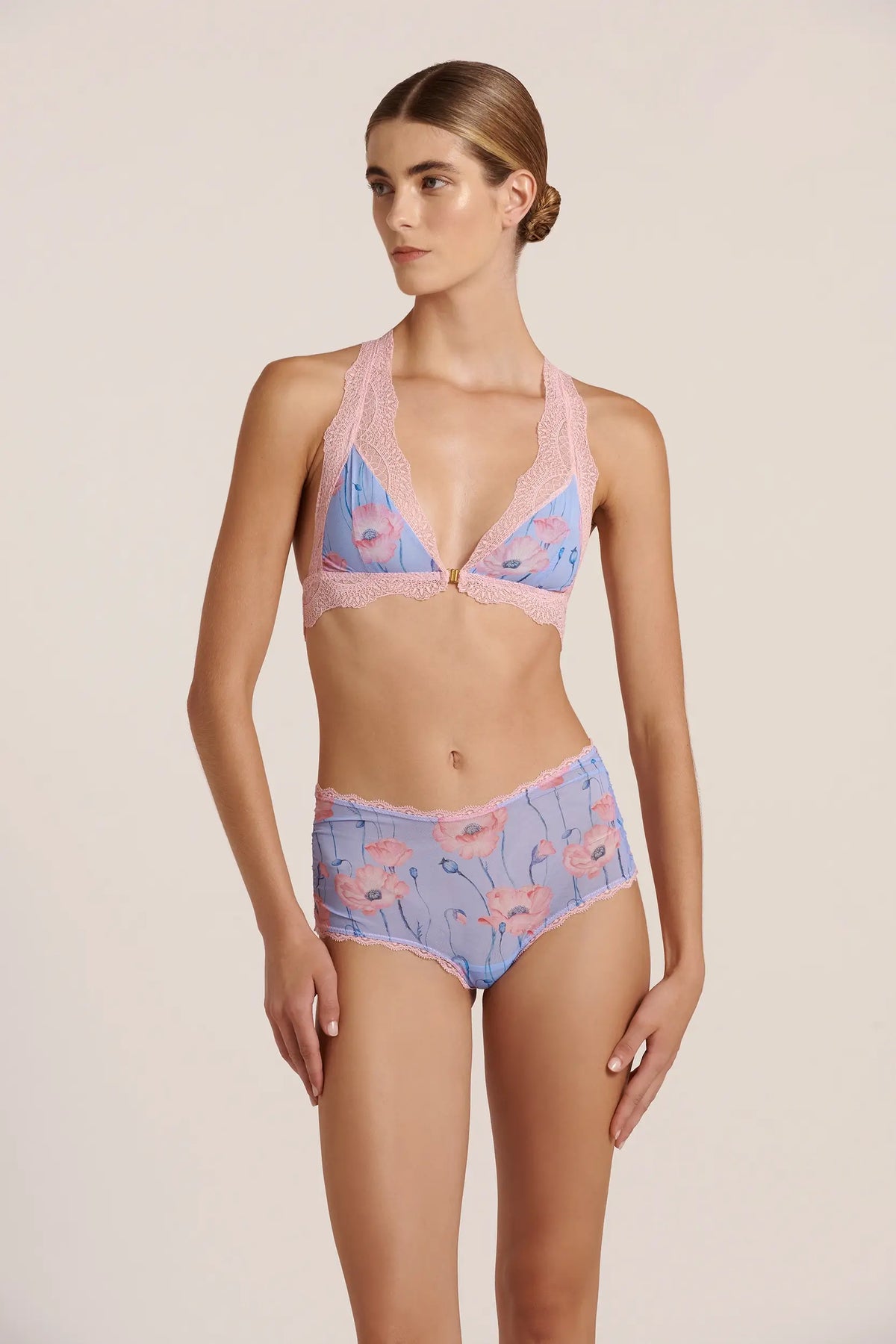 SLIP HIPSTER IN PIZZO ROSA CON PAPAVERO